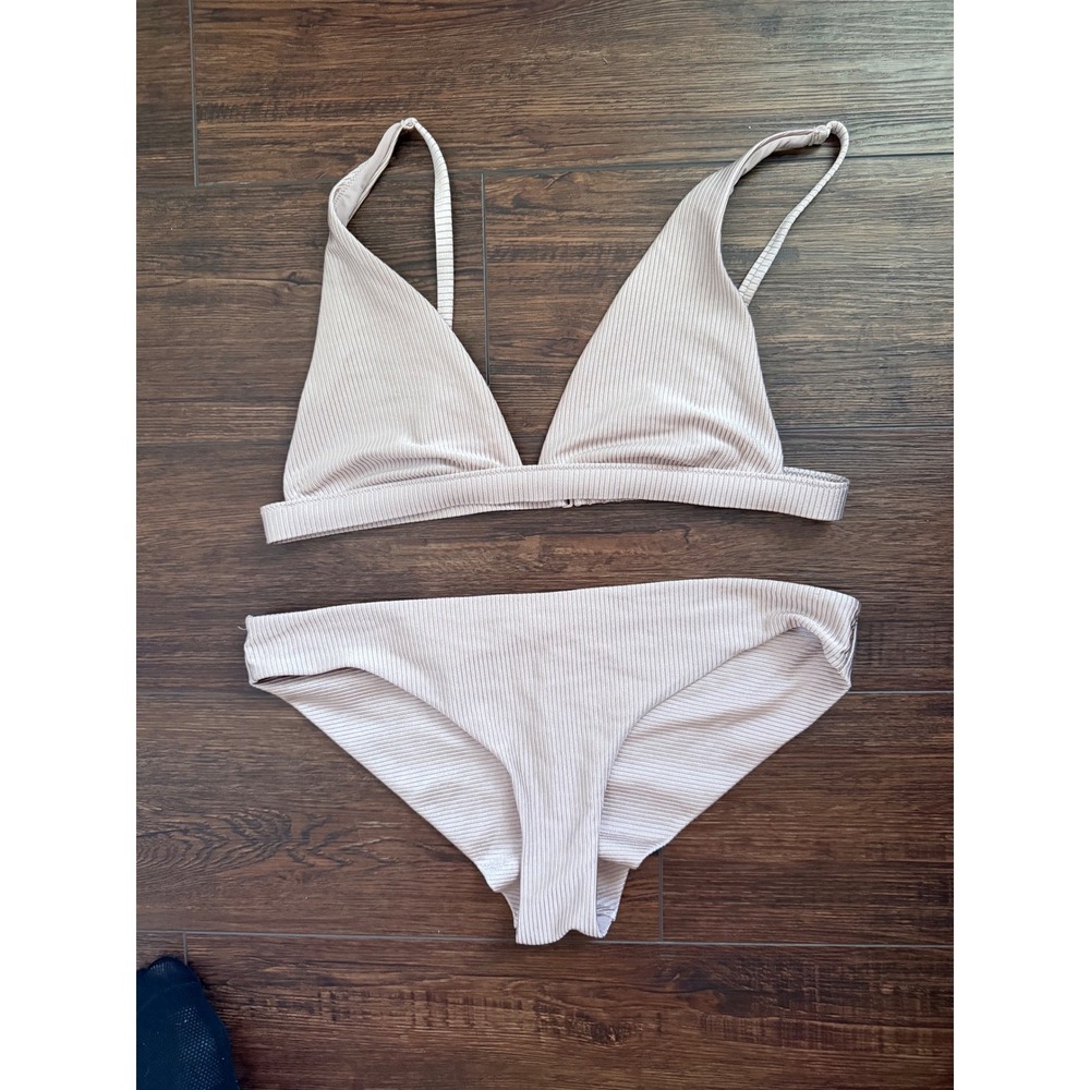 Aerie Ribbed Triangle Bikini Set Mauve Champagne Two Piece Swimsuit Large